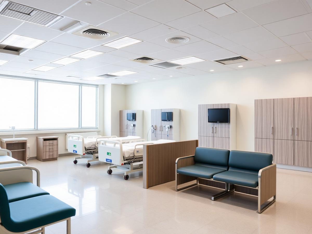 Hospital ward beds, bedside cabinets and waiting area seating
