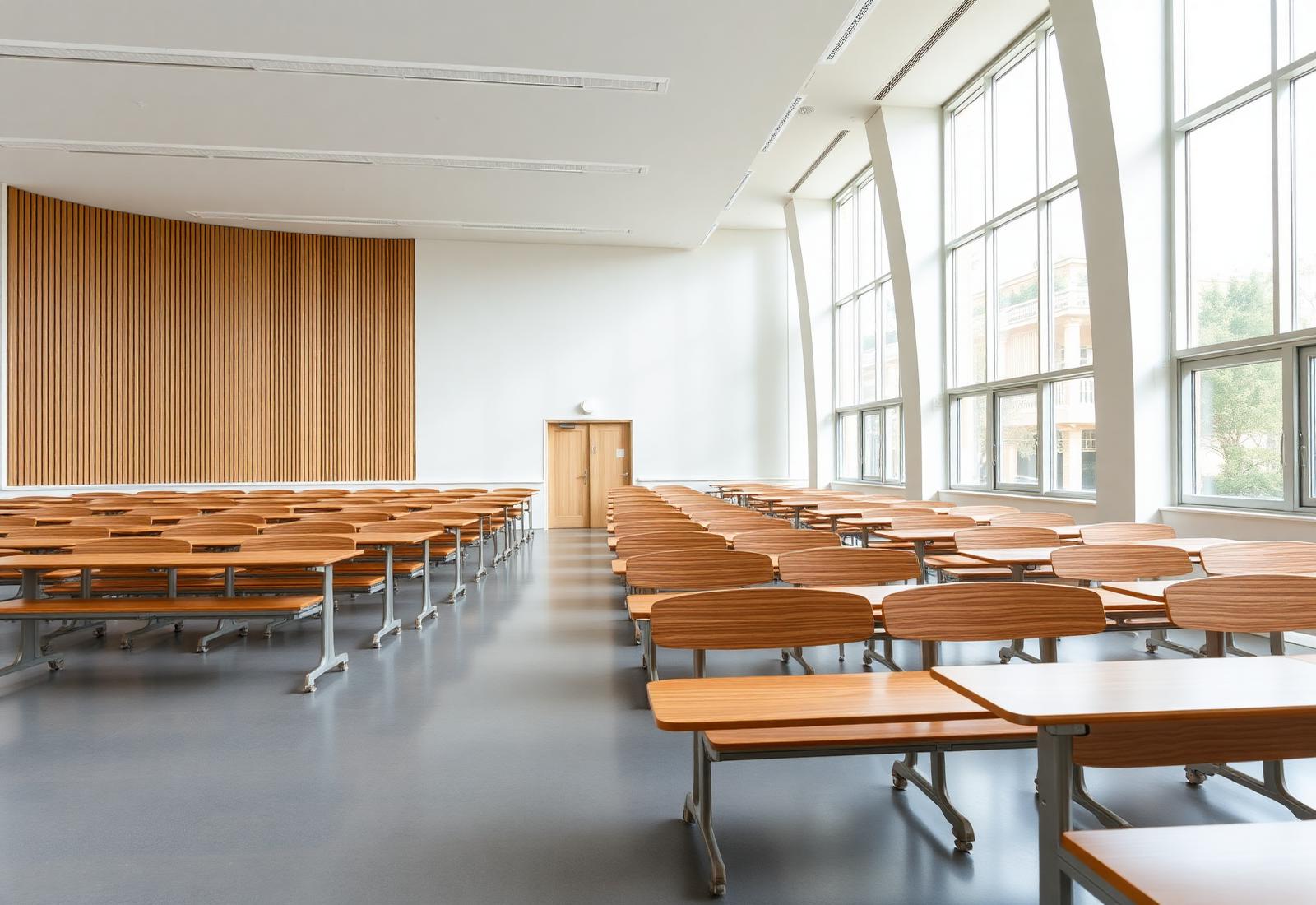 Modern classroom furnished with premium wooden desks and benches by Sumanth Furnitures